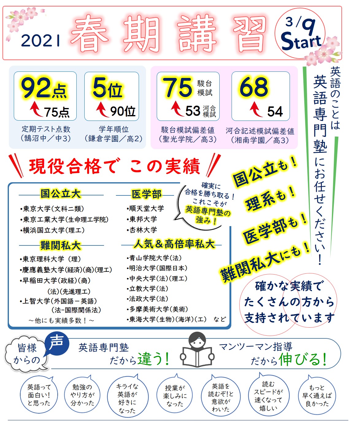 つばさ英語塾　春期講習2021　英語専門塾の春期講習　
