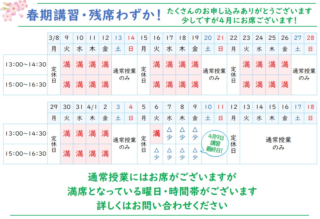 つばさ英語塾　英語専門塾の春期講習2021　新学年の準備はつばさ英語塾にお任せください たくさんのお申し込みありがとうございます　残り席数わずかとなっています　通常授業にはお席がございますが、満席となっている曜日・時間帯がございます　詳しくはお問い合わせください