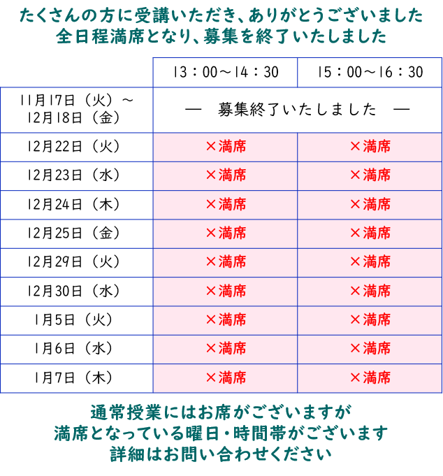 つばさ英語塾 英語専門塾の冬期講習 沢山の方に受講いただき、全日程・満席となりました。通常授業にはお席がございます。詳細はお問い合わせください